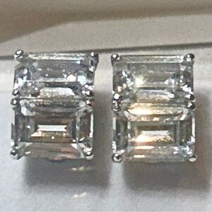 Carlisle Large Emerald Cut Crystal Clip Earrings Double Baguette Rhodium  NWOT
